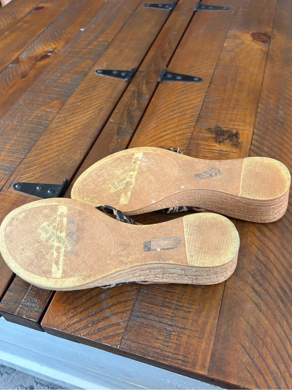 Italian Shoemakers Leopard Print Wedge Thong Sandals in Tan and Black
